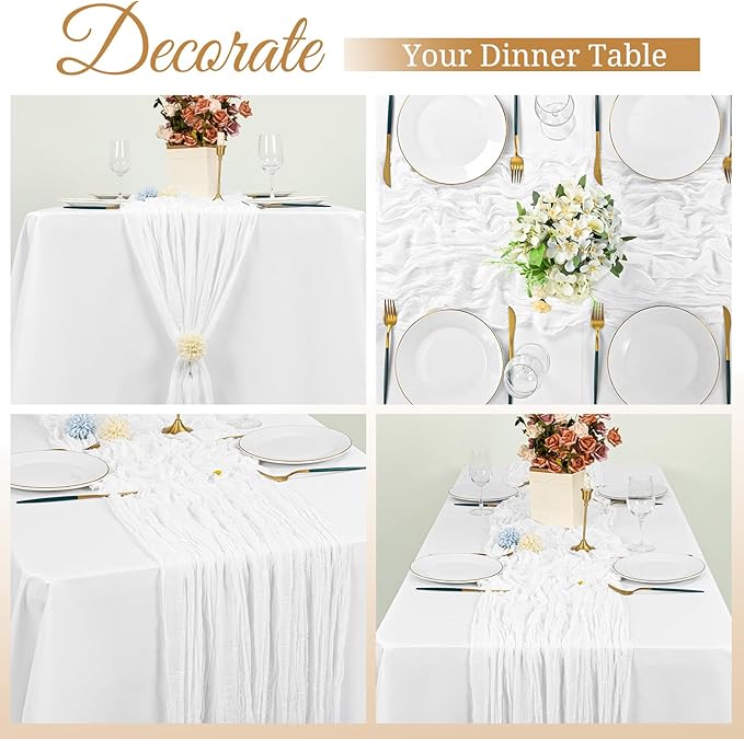 Pesonlook 8 Pack Cheesecloth Table Runner, 10Ft Boho Gauze Table Runner 35×120 Inch Rustic Romantic Long Table Runner for Wedding Party Bridal Shower Thanksgiving Christmas Decoration (White)