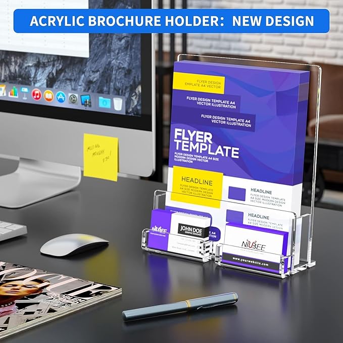 NIUBEE 6-Pack Acrylic Brochure Holder 8.5*11 inches , Clear Brochure Display Stand with Acrylic Business Card Holder, Plastic Flyer Display Stand for Magazine, Pamphlet, Booklets, Menu, Journals
