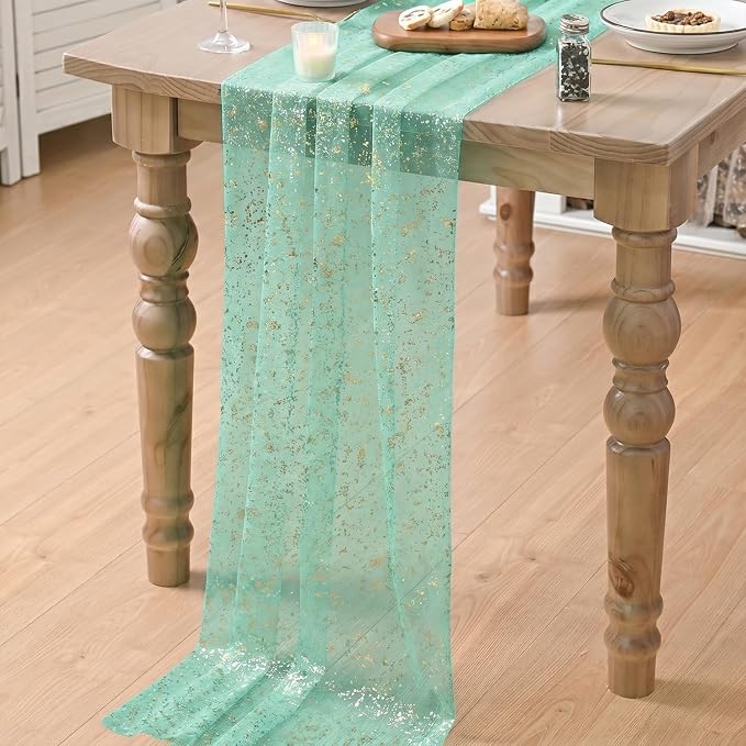 Artoid Mode 3Pcs Turquoise Gauze Gold Table Runner 10FT, Glitter Metallic Foil Sheer Dining Wedding Anniversary Holiday Table Decor for Home Party