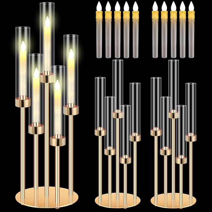 Tandefio 2 Set Gold Candelabra Centerpieces for Tables, 26.8 Inch 5 Arm Candle Holders with LED Candles and Acrylic Cylinders, Tall Acrylic Wedding Table Centerpieces for Reception Dinner Party Decor