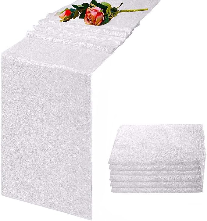 White Sequin Table Runner - 12"x108", 6 Pack Glitter Table Runner for Graduation, Baby, Bridal Shower, Wedding, Birthday, Party, Christmas