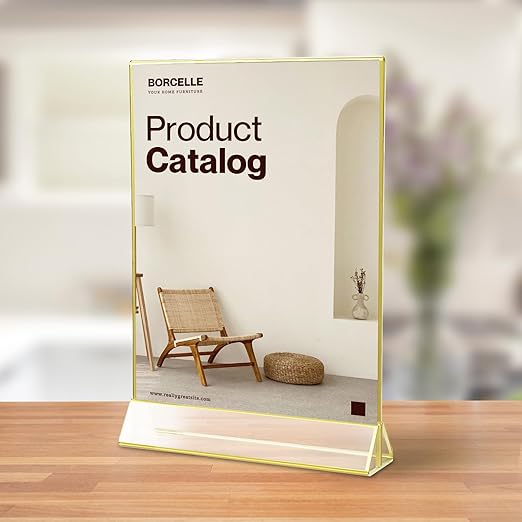UNIQOOO Acrylic Sign Holders with Golden Border, Portrait View, Pack of 4 | 8.5x11 Inches Double Sided Clear Frame, Perfect for Wedding Reception, Centerpiece, Decoration, Party,Anniversary, Event