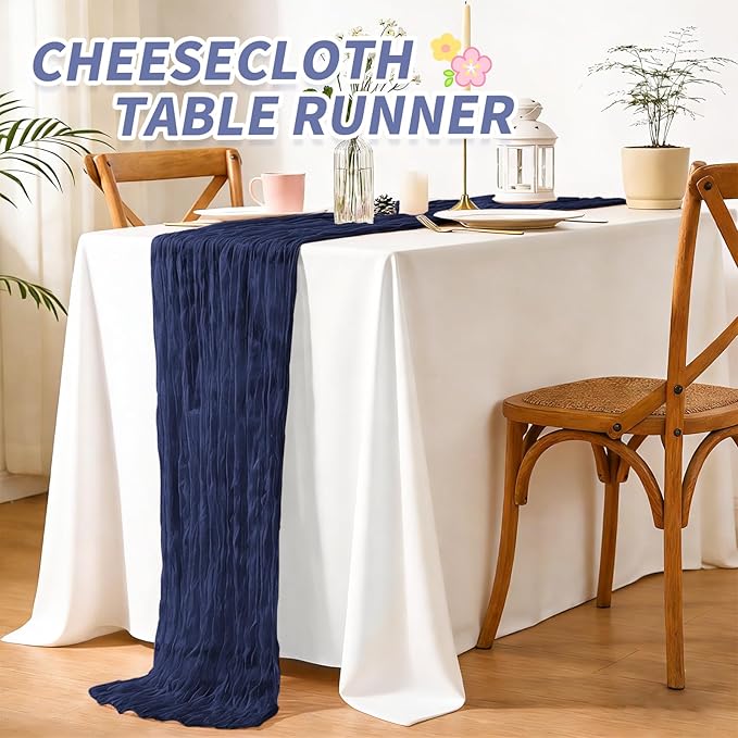 6 Pack Cheesecloth Table Runner,Navy Blue Table Runner Long Romantic Semi Sheer Rustic Boho Gauze Table Runners for Wedding Bridal Shower Birthday Party Decorations(17.7×108 Inch)