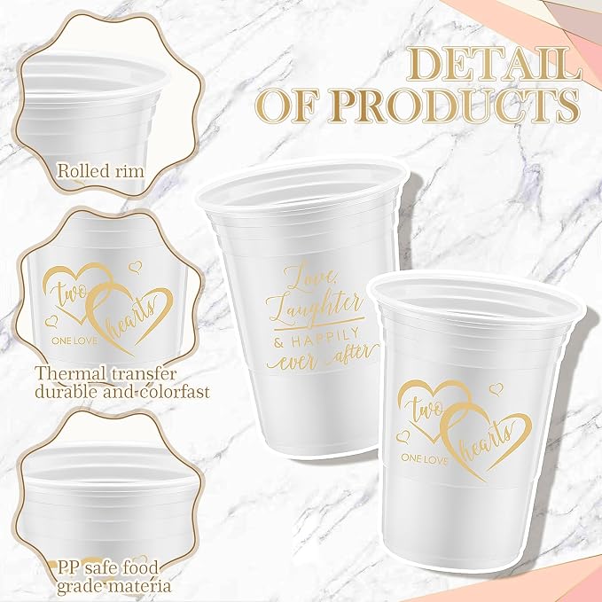 Layhit 100 Pcs Wedding Disposable Thick Plastic Cups, 16 oz White Cups with 2 Elegant Love Designs, Decorations for Wedding Reception Guests, Bridal Shower, Engagement, Bachelorette Party Supplies