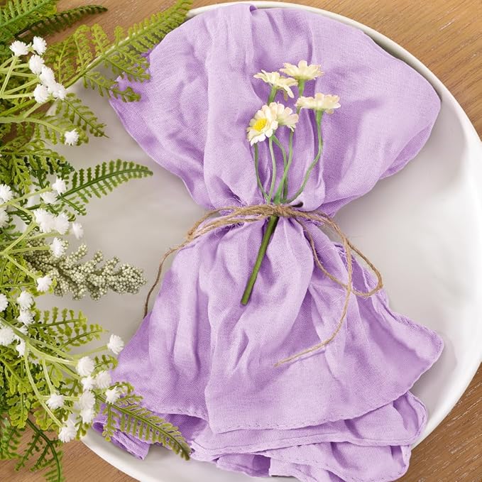 10pcs Lilac Cheesecloth Napkins Spring Mother‘s Day Washable Boho Rustic Gauze Table Cloth Napkins Bulk 21x21 Inches for Wedding Party Bridal Baby Shower Birthday Table Decor