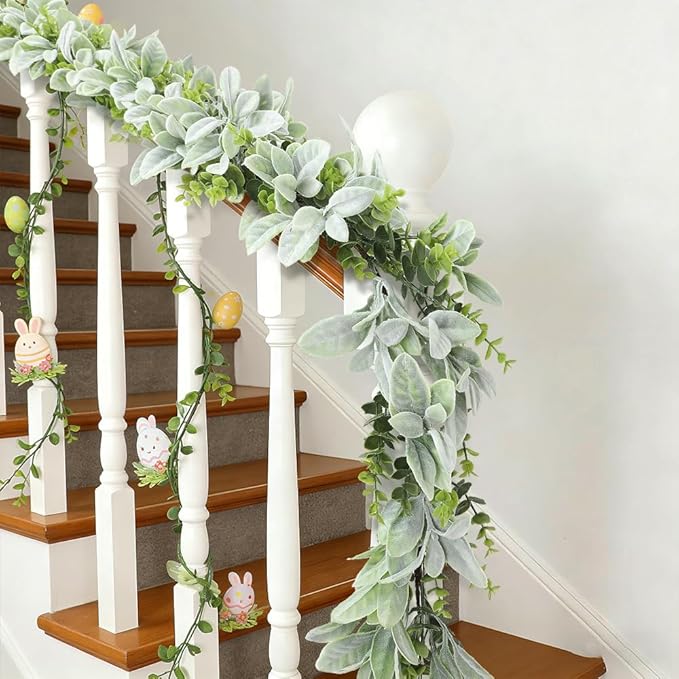 Spring Garland 6Ft Artificial Eucalyptus and Lambs Ear Greenery Garland Flower Spring Summer Green Garlands Vines for Home Wedding Table Mantel Garden Decoration