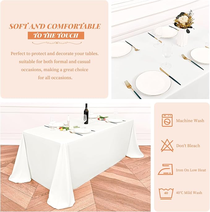 Showgeous 8 Pack Ivory Rectangle Tablecloths, 90 x 156 Inch, Wrinkle & Stain Resistant, Machine Washable Polyester for Dining Table, Wedding, Parties