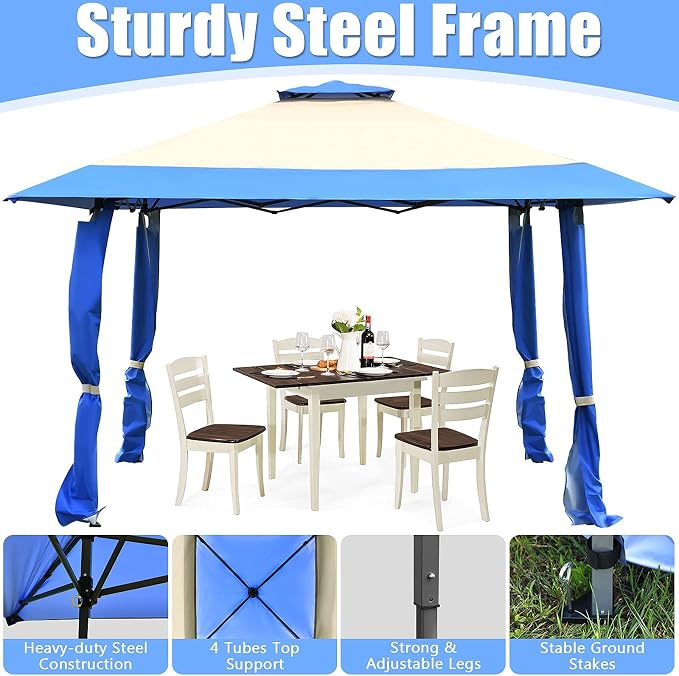 Tangkula 13 x13Ft Pop-Up Gazebo, Outdoor Canopy Shelter Tent w/ 2-Tier Roof, Corner Curtains & 3 Adjustable Heights, Patio Gazebo with 169 Sq.Ft of Shade for Yard, Patio, Beach & Park (Blue)