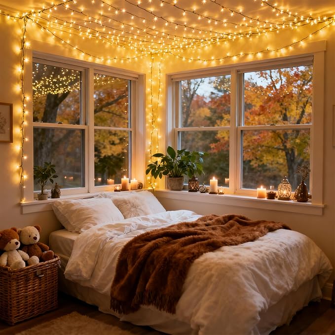 Black Fairy Lights Plug in 752 LED Warm White Waterproof | 30.68FT copper wire string with 13.1FT cord, warm glow, IP44 for plug in fairy lights outdoor vine, railing, tree decor