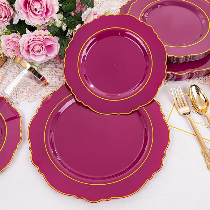 Liacere 175PCS Red Plastic Plates - Disposable Burgundy Red and Gold - 25guest Baroque Plastic Dinnerware include 50Plates, 25Pack Pre Rolled Napkins with Silverware 25Cups for Party&Mothers Day