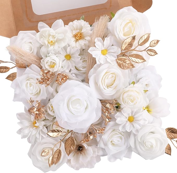 Garisey Artificial Flowers Combo, Mix Silk Flowers Roses, Peonies, Dahlias with Stems for DIY Wedding Bridal Bouquets, Baby Shower, Table Centerpieces, Home Decor, Fake Floral Arrangements-White