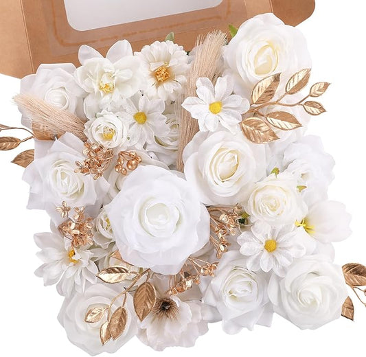 Garisey Artificial Flowers Combo, Mix Silk Flowers Roses, Peonies, Dahlias with Stems for DIY Wedding Bridal Bouquets, Baby Shower, Table Centerpieces, Home Decor, Fake Floral Arrangements-White