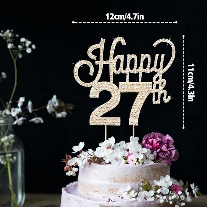 LINGTEER Happy 27th Birthday Gold Rhinestone Cake Topper - Cheers to 27th Birthday 27 Years Old Anniversary Party Cake Centerpieces Topper Decorations Gift Sign.