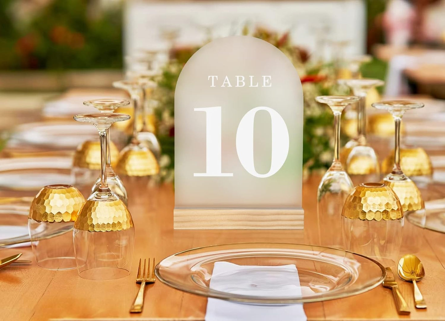 Wedding Table Numbers 1-15, Acrylic Arch Signs with Natural Wood Stands Holders, Rustic Table Decor for Reception & Parties (Frosted White)