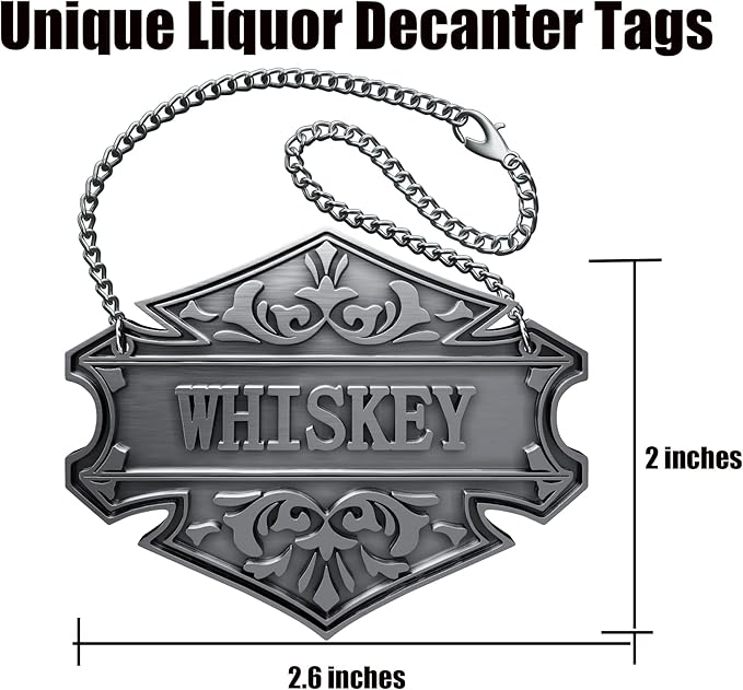 8PCS Liquor Decanter Tags-Gin, Vodka, Bourbon, Whiskey, Brandy, Rum, Scotch, Tequila/Adjustable Chain Bottle Labels/Silver