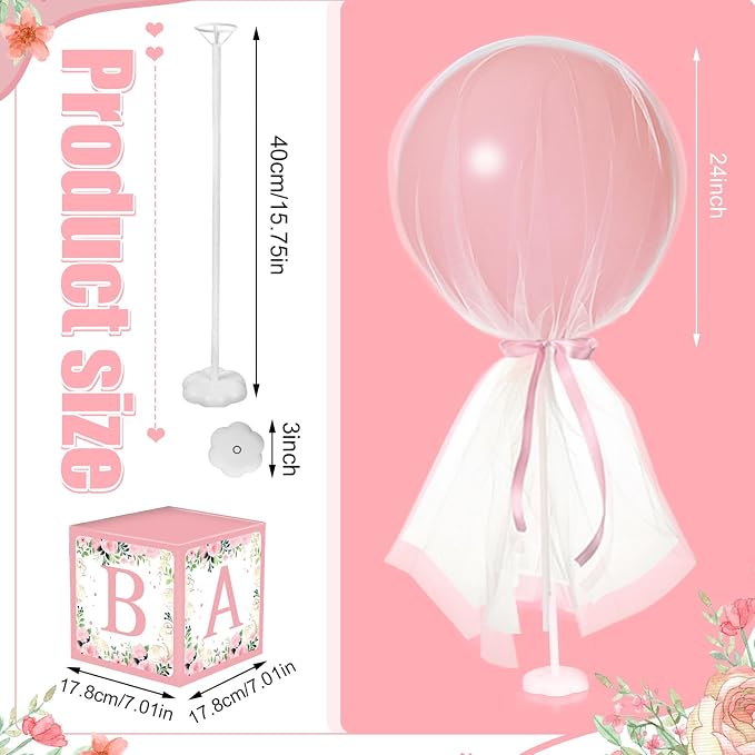 6 Set Pink Brown bear Tulle Tutu Balloon with Letter Boxes Baby Shower Table Centerpieces Decor for Gender Reveal 24'' Balloons White Tulle Cover with Stand, Boxes for Girl Boy Wedding Birthday Party