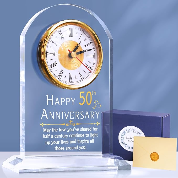 OkiyiD 50th Anniversary Wedding Gift, Anniversary Quartz Clock, Desk Table Clock, 50 Years of Marriage, Golden Wedding for Couple, Parents, Grandparents (50th Anniversary)