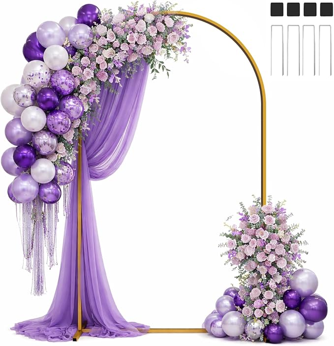 Hemmotop Arch Backdrop Stand Gold 7.2 FT | Metal, Stable with Ground Stakes, for Flowers, Balloons, Garden Decor, Ideal for Weddding, Baby Shower, Birthday Party Photo