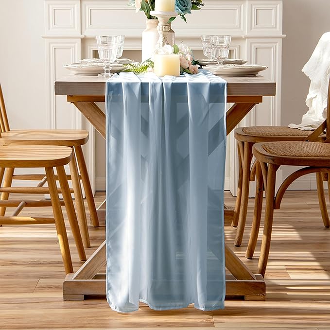 Blue Shimmery Glitter Chiffon Table Runner 35x120 Inches for Wedding Bridal Shower Outdoor Dining Party Table Decor