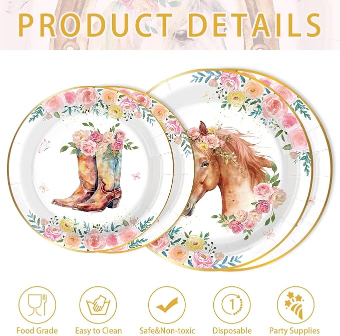 200Pcs Western Horse Party Supplies Cowgirl Theme Plates and Napkins Pink Floral Horse Disposable Paper Tableware Set for Girl Birthday Baby Shower Rodeo Event Bachelor Party Decor Serves 50