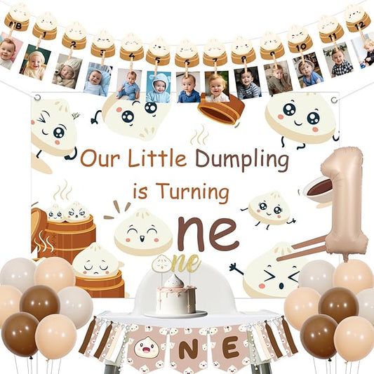 Funmemoir Dumpling Birthday Party Decorations 1st Birthday High Chair Banner Cake Topper Monthly Photo Banner Our Little Dumpling Is Turning One Chinese Food First Bday Backdrop Balloons