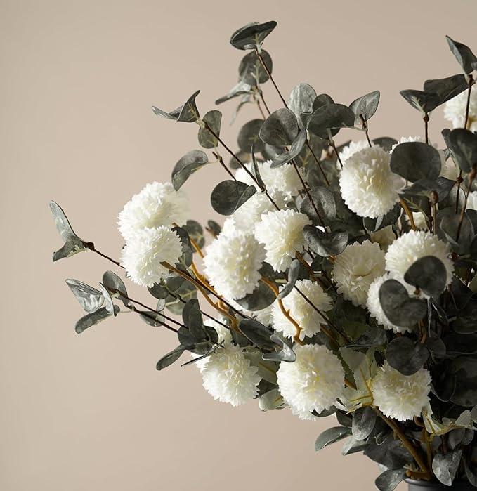 Laelfe 10 Kiku Artificial Flowers + 5 Large Eucalyptus Branches, Silk Fake White Flowers Pompon Mums (Ball Flower Stems) - Decor for Home, Centerpieces & Shower Arrangements(Vase not Included)