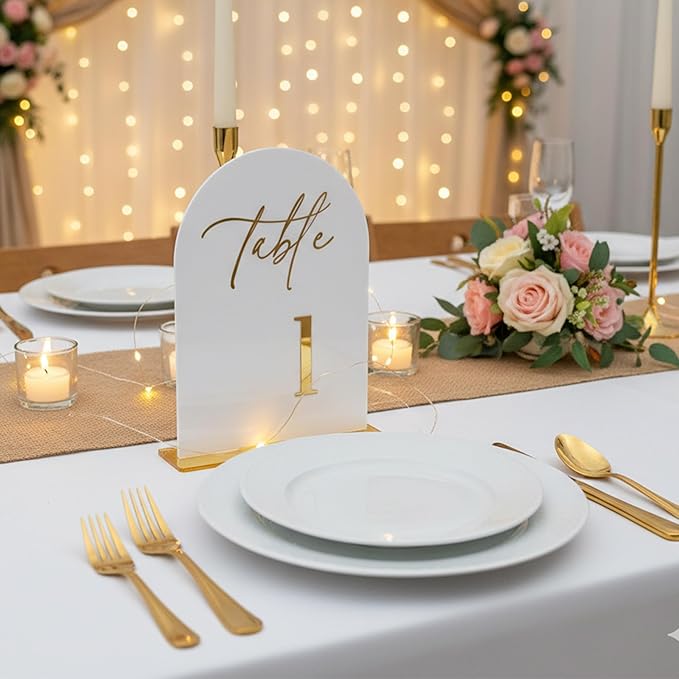 Wedding Table Numbers 1-15 with Holders,5x7 inch Arch Acrylic Table Numbers Signs with Gold Foil Embossed for Wedding Reception, Anniversary, Birthday,Party and Events Decor