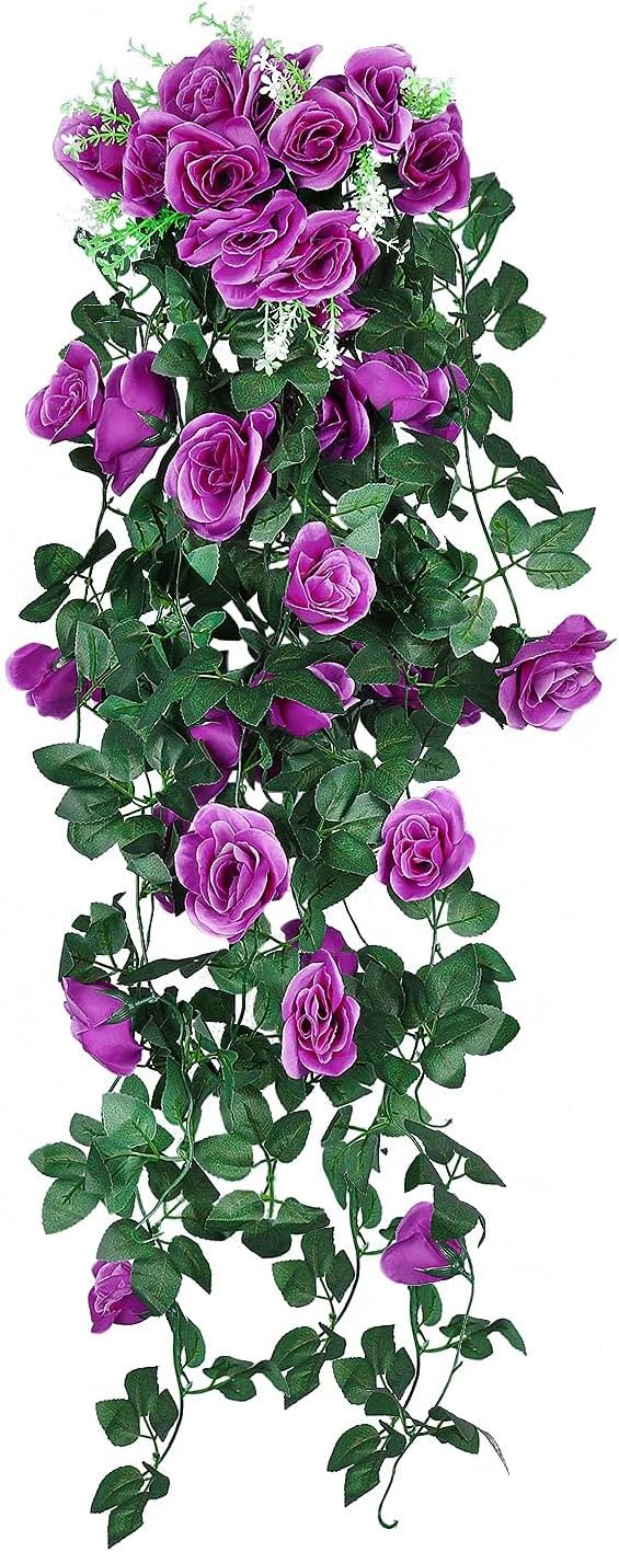 RECUTMS 2PCS Artificial Hanging Rose Flower Plants, 37 Inch Purple Fake Silk Floral Ivy Garlands for Outdoors Home Room Garden Front Porch Wedding Arch Bridal Shower Easter Indoor Party Greenery Decor