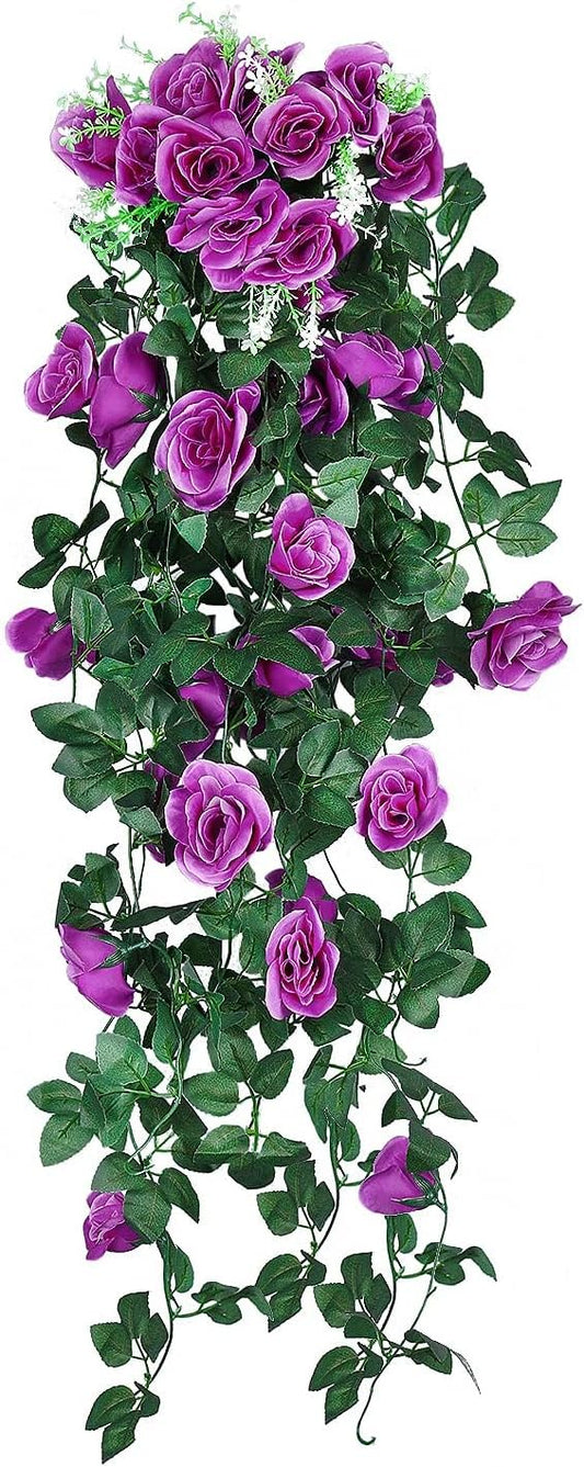 RECUTMS 2Pieces 3.3Ft Fake Hanging Flowers Artificial Rose Plants Wall Décor Wedding Home Garden Decoration (Purple)