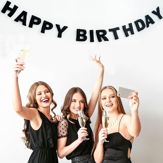 Meygajoe Pre-Strung Felt Happy Birthday Banner,Reusable HAPPY BIRTHDAY Garland,Birthday Banner Decorations,Personalized Happy Birthday Sign for Birthday Decor,Party Decor,Photo Prop (Black) M-123