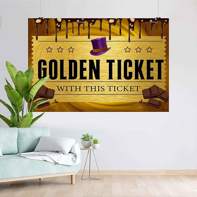 5x3FT Candy Photo Backdrops Golden Ticket Backdrop Chocolate Factory Background Children's Birthday Photography Background Baby Shower Decoration Banner TAYBDJ805
