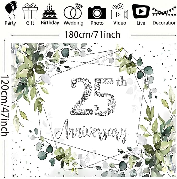 Silver Wedding 25th Anniversary Decorations Backdrop Watercolor Eucalyptus Leaves Sparkling Diamond 25th Background Couple Wedding Engagement Banner (A, 6X4FT)