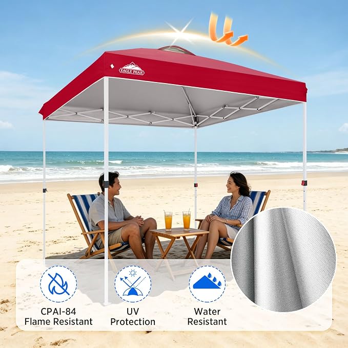 EAGLE PEAK Pop Up Canopy Tent with Wheeled Carry Bag, 8 Stakes, 4 Ropes, Easy Set Up Tent Canopy, 8x8 ft, Red