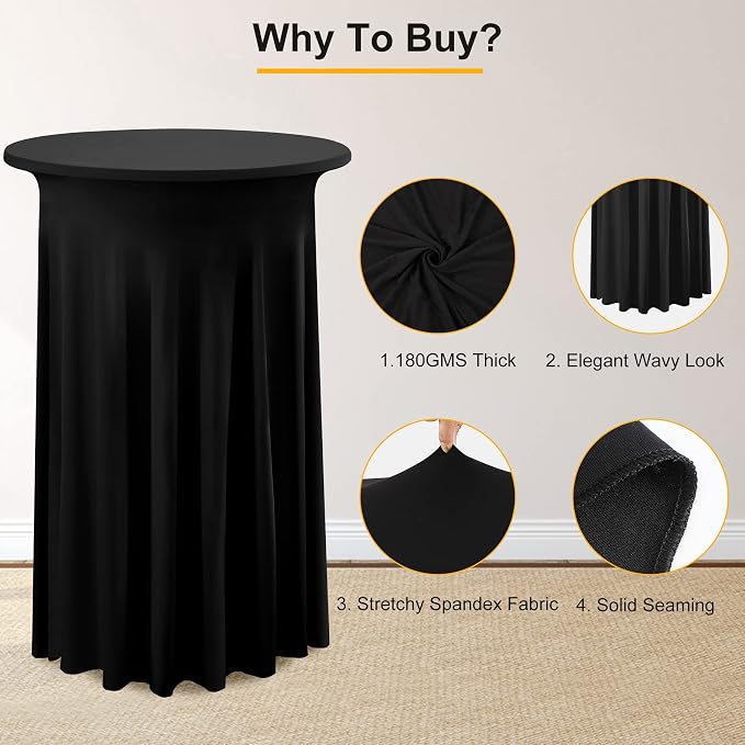 6 Pack Black Round High Top Tablecloths - 36x43 Inch, Wrinkle Free Stretch Spandex Highboy Cocktail Table Covers for Party Bar Wedding Banquet Baby Shower Birthday