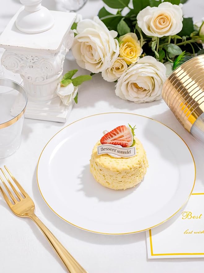 WDF 150Pcs White and Gold Plastic Plates - Gold Plates Disposable - 25 Guest Disposable Dinnerware Include 25 Dinner Plate, 25 Dessert Plate, 25 Cutlery & 25 9oz Cups for Wedding/Spring/Mothers Day