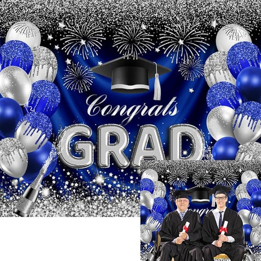 2026 Graduation Backdrop Blue and Silver Congratulations Class of 2026 Prom Backdrops Congrats Grad Party Banner Background for Picture Photo Photobooth Decoration 10x8ft