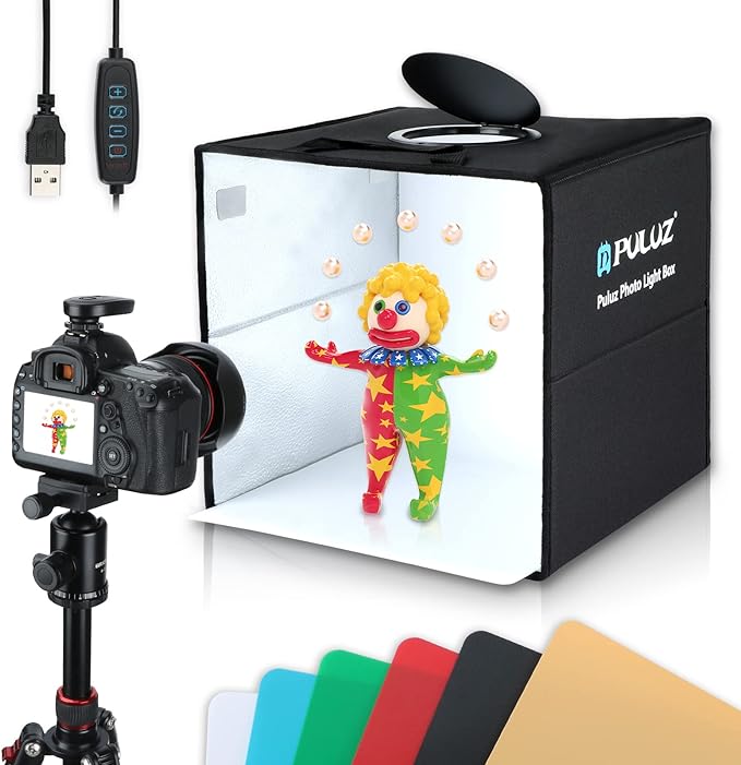 Photo Box, PULUZ Mini Folding Lightbox Portable Light Box Photography Shooting Tent Box Kit with 120pcs LED Lights 6 Colors Backdrops Photo Light Box for Phones DSLR Camera 12 x 12 inch