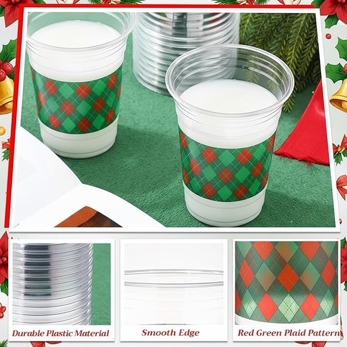 100 Pack Red and Green Plaid Plastic Cups 16 oz Disposable Checkered Spring Party Cups Bulk for Picnic Rustic Birthday Party Baby Shower Supplies