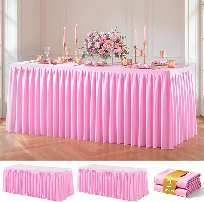 Pink Polyester Table Cloths for Rectangle 6 Foot Tables, 2 Pack Wrinkle Free Tablecloths Stretchy Banquet Ruffle Fitted Table Cover Desk Skirt for Parties Wedding Birthday Baby Shower
