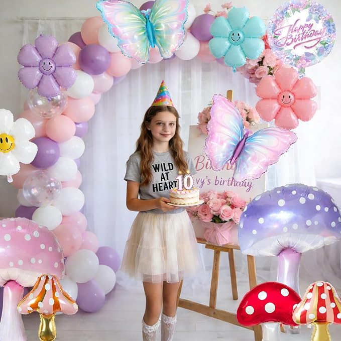 Magical Mushroom Forest Birthday Party Balloon Decor Kit - 13 PCsSet with Gradient Butterflies, Smiley Daisies & Happy Birthday Balloon | Whimsical Theme Party Decorations for Boys and Girls