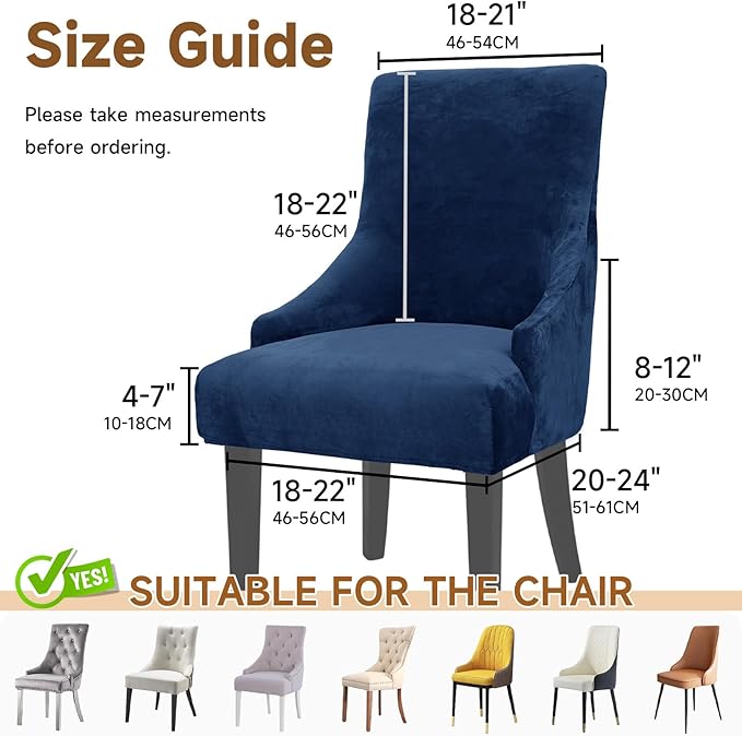 Velvet Wingback Dining Chair Cover Soft Stretch Accent Chair Cover Slipcover Thick Plush Wing Back Chairs Covers Furniture Protect Washable Chairs Protector Covers for Dining Room (Deep Blue, 2)