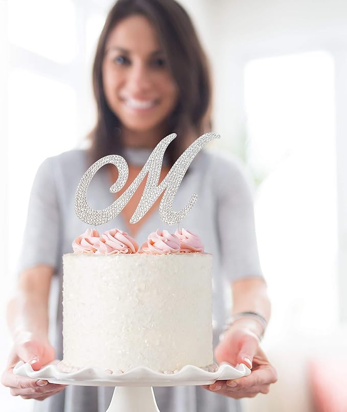 Letter M Cake Topper - Premium Silver Metal - M Monogram Wedding or Anniversary Party Sparkly Rhinestone Initial Decoration Makes a Great Centerpiece - Now Protected in a Box