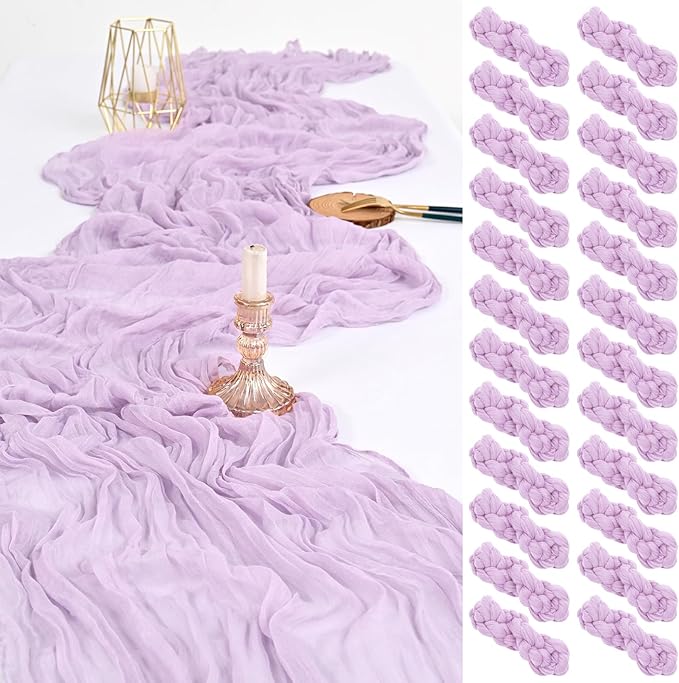 24 Pack Lavender Cheesecloth Table Runner,10FT Boho Gauze Tablerunner,35x120inch Rustic Table Runners for Wedding Party Bridal Shower Thanksgiving Christmas Boho Table Decoration