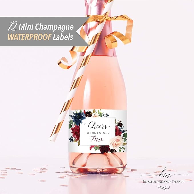 Cheers to the Future Mrs. - 12 Mini Champagne Bottle Labels, Waterproof Mini Wine Bottle Labels for Bridal Shower Bachelorette Party (Burgundy Navy Floral, 12 Mini Bottle Labels)