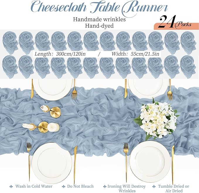 Teruntrue 24 Packs Dusty Blue Cheesecloth Table Runner,10ft Rustic Gauze Boho Wedding Table Runner Decoration, Wedding Table Decor Sheer Table Runner for Wedding Party Bridal Shower Table