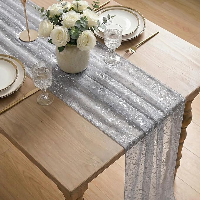 Artoid Mode 3PC Grey Gold Gauze Table Runner 120 Inch 10FT, Glitter Metallic Foil Sheer Dining Wedding Anniversary Holiday Birthday Table Decor for Home Party