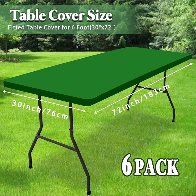 6 Pack Picnic Fitted Table Cover for 6 Foot Tablecloth for Rectangle Tables Waterproof Stretch Washable Folding Indoor and Outdoor Spandex Table Cloth for Camping Banquet and Parties (Green,30" x 72")