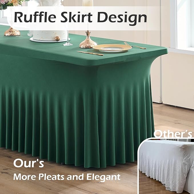 6 pk Hunter Green Spandex Tablecloth 8ft With Ruffle Table Skirt, Wrinkle Free Stretchy Fitted Tablecloths for 8 Foot Rectangle Tables, Elastic Spandex Table Covers for Weddings Parties Banquet Craft