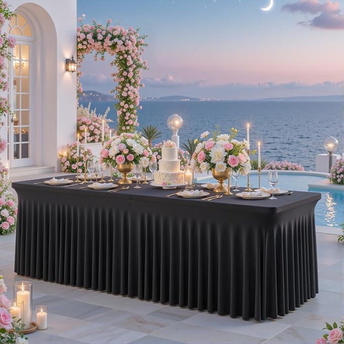 gogoparti 6 Pack Spandex Black Fitted Table Cloth for 8ft Rectangle Tables Black Stretch Tablecloth Table Covers Skirt Banquet Wrinkle Free Tablecloths for Parties Wedding