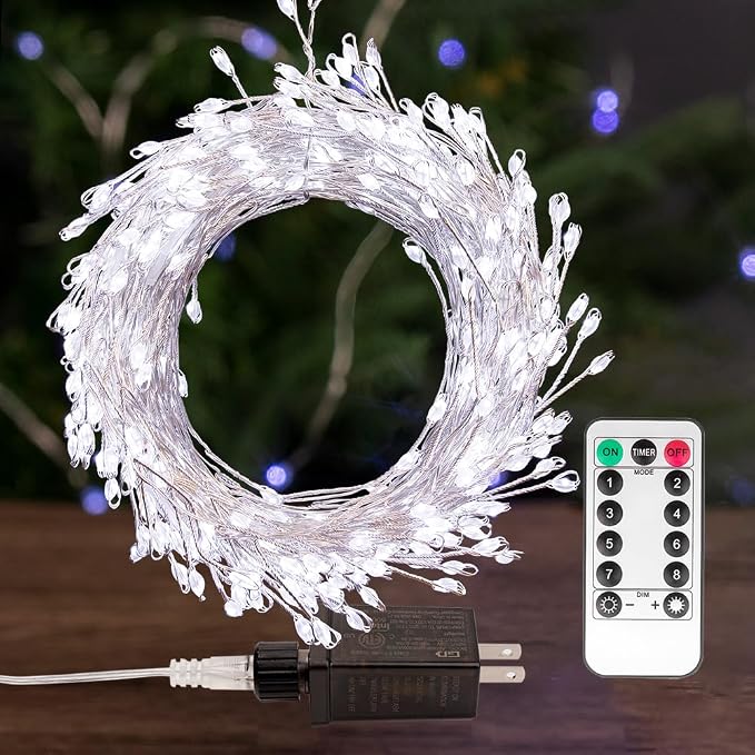 Fairy Lights Plug in, 33 Feet 300LED Cool White Silver Wire Firecracker Firefly Lights with Remote, Waterproof Copper Wire Lights for Bedroom Wreath Window Wedding Christmas Tree Decoration